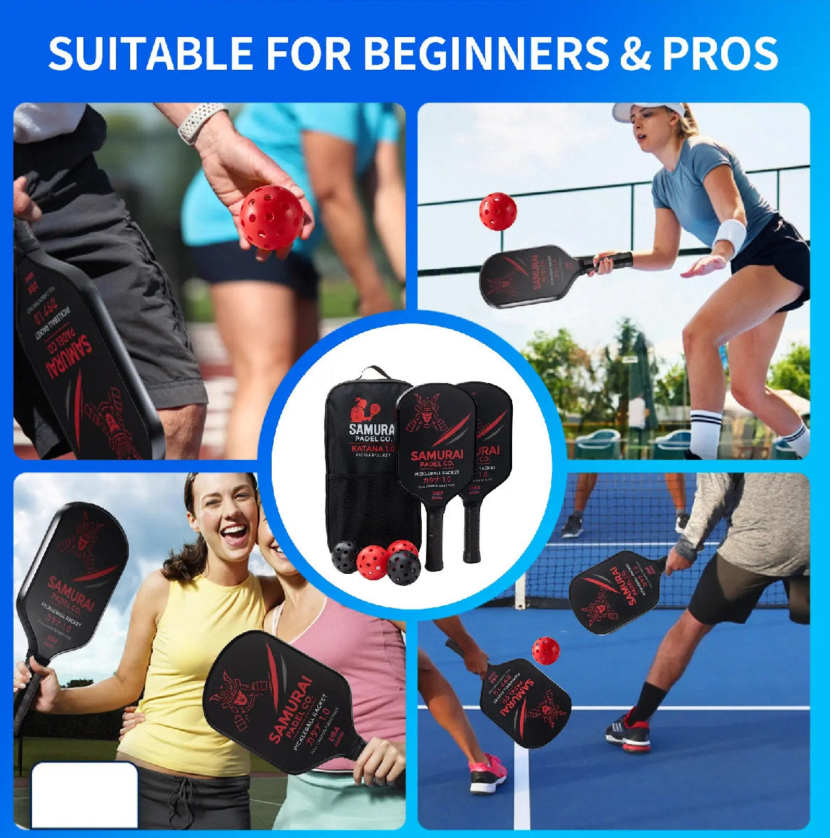 Pickleball Set - KATANA 1.0 | 2 Premium (T700) Carbon Fibre Paddles, 2 Indoor & 2 Outdoor Balls, Carry Bag Included | For Beginners & Intermediate Players